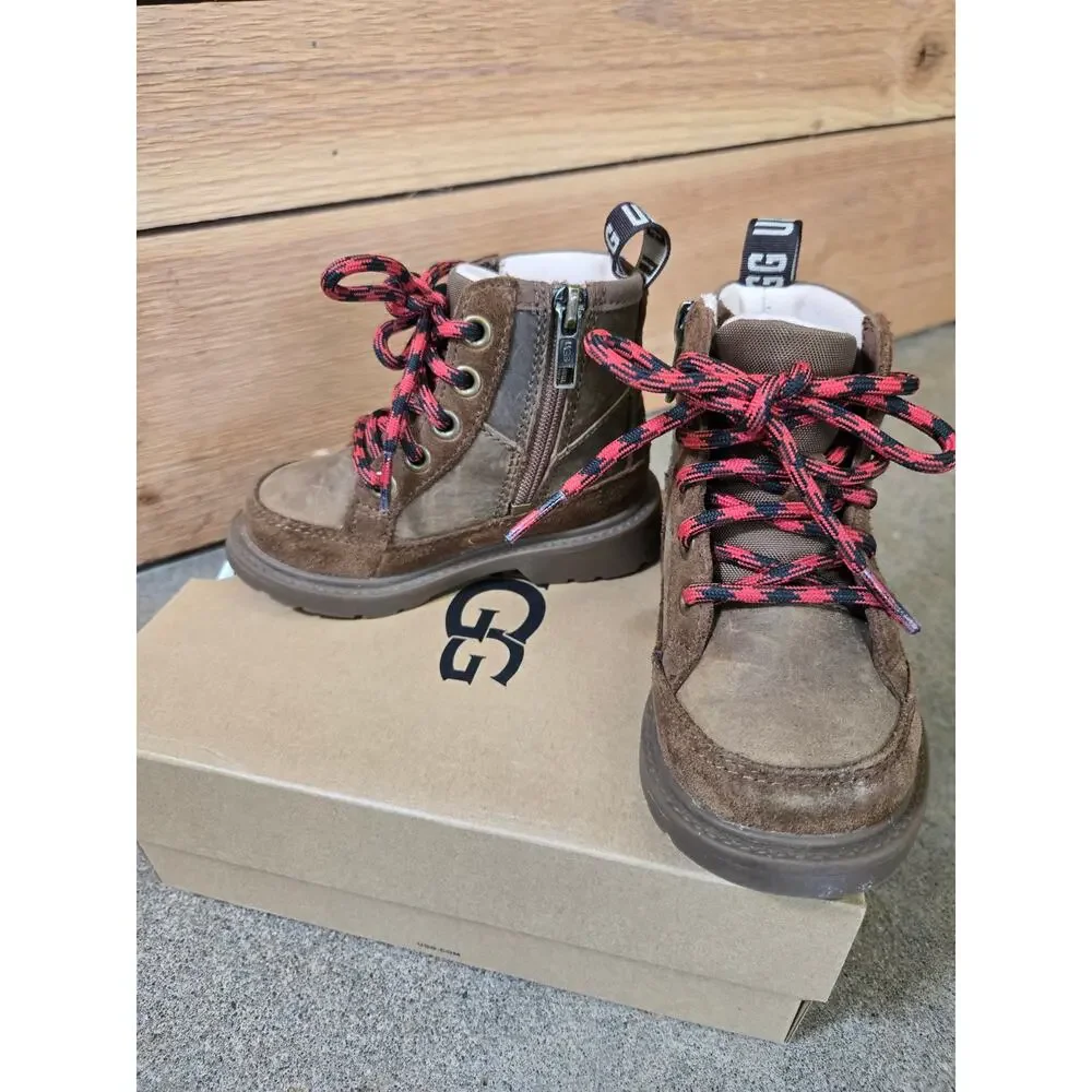 UGG Rennon II Hickory Leather Suede Toddler Boots Brown Red Laces Size 7